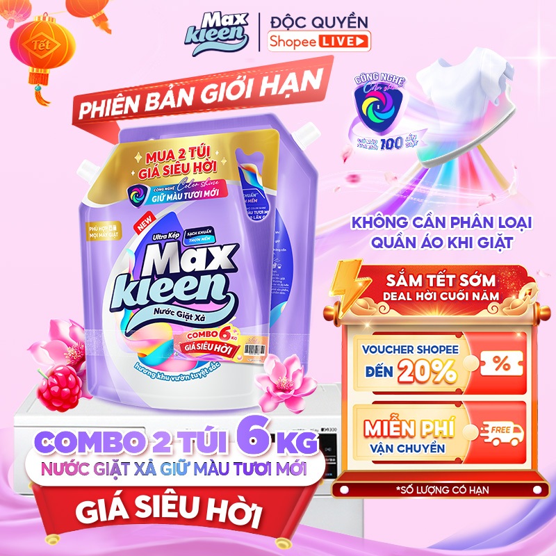 [MỚI] Combo 2 túi Nước giặt xả MaxKleen giữ màu tươi mới Hương Khu Vườn Tuyệt Sắc 3kg x 2 - Phiên bản giới hạn