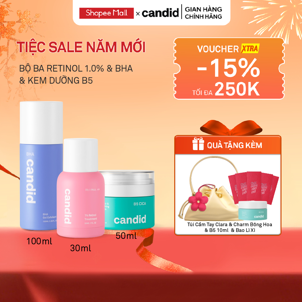 Bộ Ba Hỗ Trợ Cải Thiện Và Phục Hồi Da Candid Retinol 1.0% 30ml & Kem Dưỡng B5 Cica 50ml & BHA 100ml