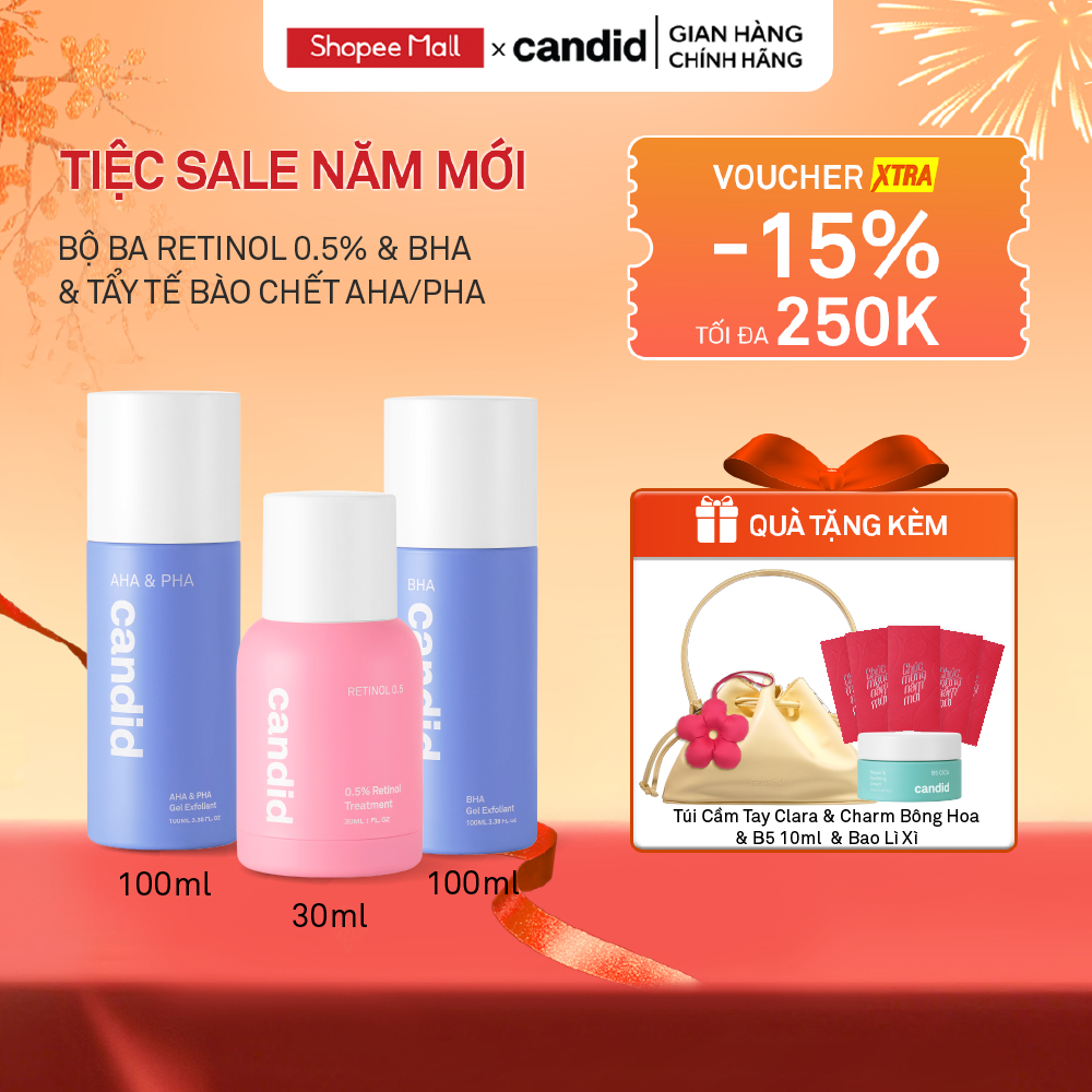 Bộ Ba Hỗ Trợ Cải Thiện Da Toàn Diện Candid Retinol 0.5% 30ml & BHA 100ml & AHA&PHA 100ml
