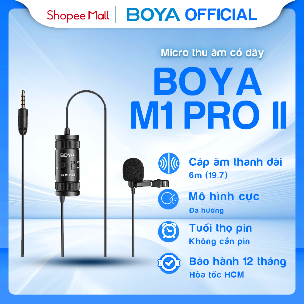 Micro thu âm có dây BOYA BY-M1 PRO II Thu âm lọc ồn chuyên nghiệp Không cần sạc