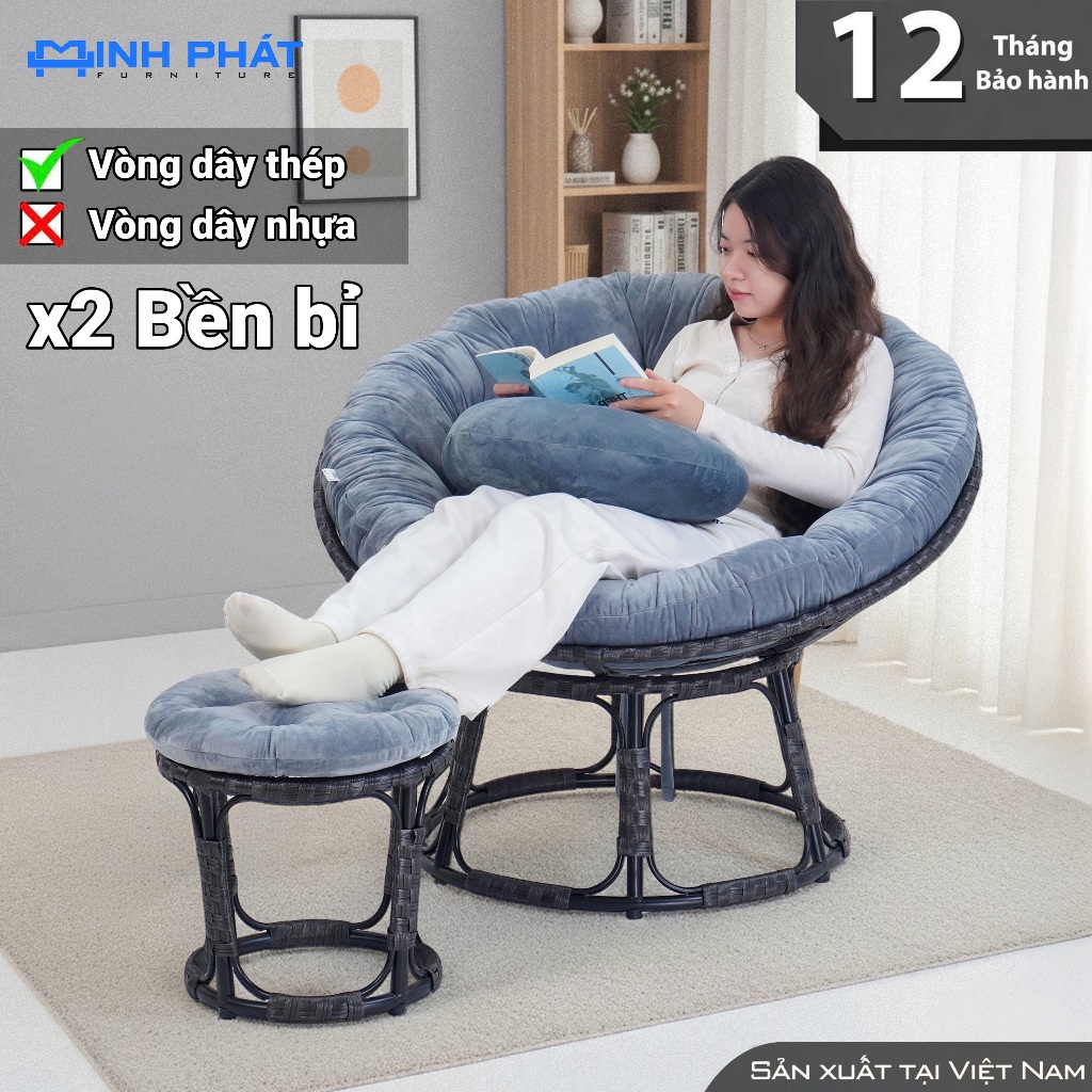 Ghế lười thư giãn papasan giả mây khung thép Minh Phát phiến bản nâng cấp vòng dây 100% lõi thép siêu chắc chắn