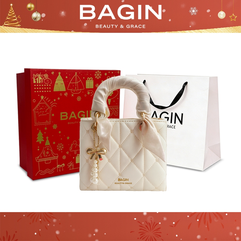 BAGIN （NEW）Túi Xách Nữ Bagin Dáng Vuông Da Trơn Bóng Tặng Kèm Khăn Lụa Móc Treo
