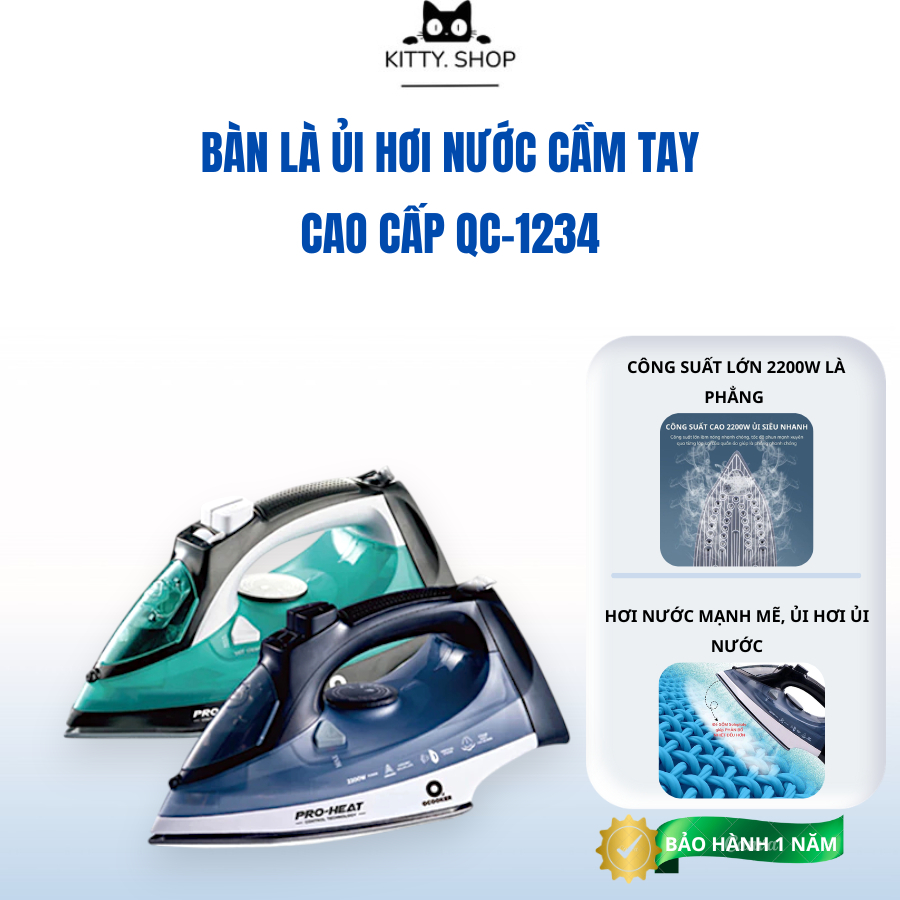 Bàn ủi hơi nước cầm tay QCOOKER QC.1234/ĐẾ GỐM 2200W Bàn Ủi Hơi Nước Cầm Tay bản Quốc Tế, BH 12tháng