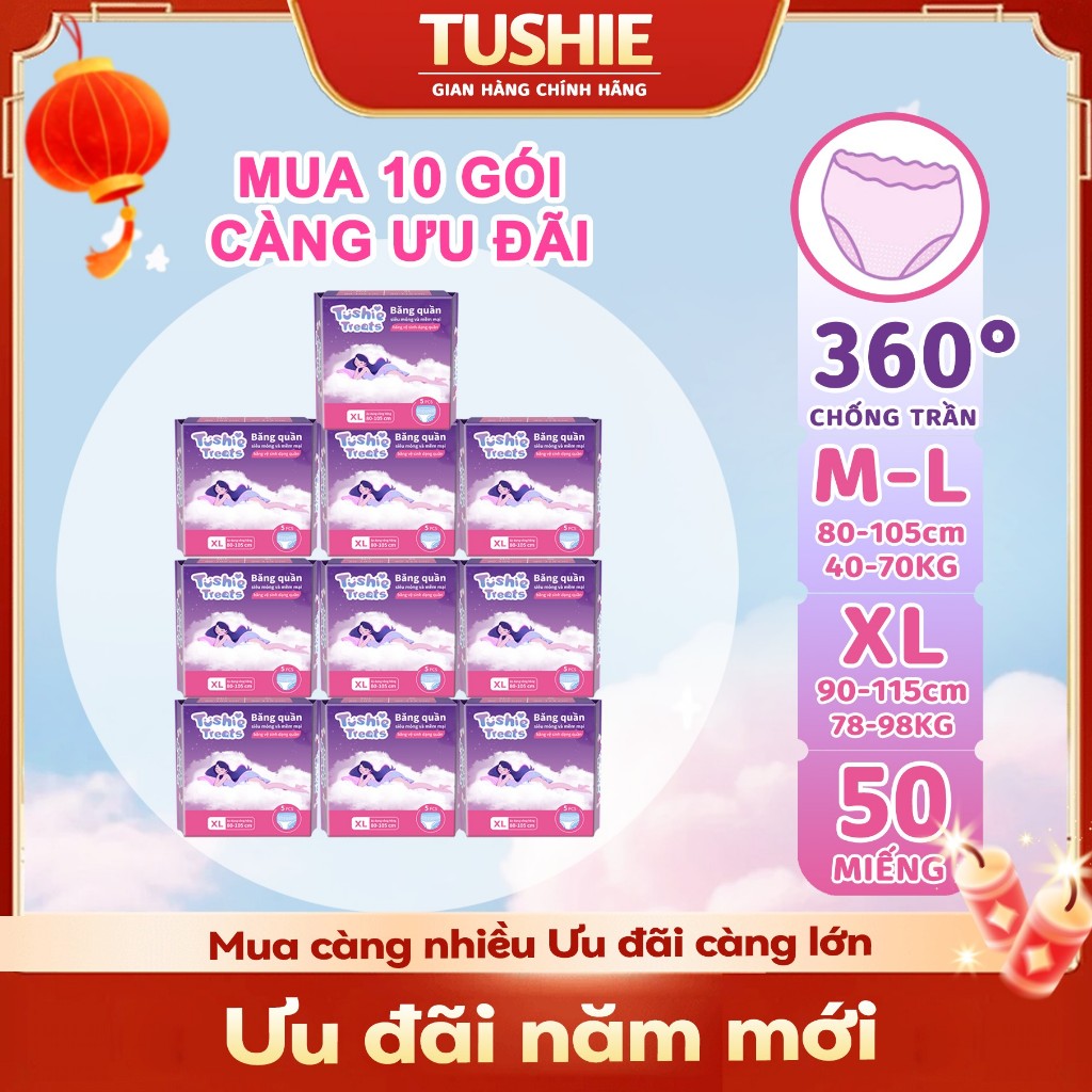 Combo 50 miếng băng vệ sinh dạng quần Tushie Treats size M-2XL, Quần bvs mềm mịn, không cộm, không l