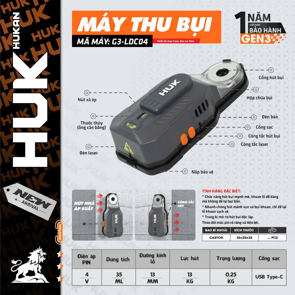 Máy thu bụi HUKAN G3-LDC04, Hút bụi khoan, Lực hút 13kg, Dung tích 35ml, Đường kính lỗ khoan 13mm