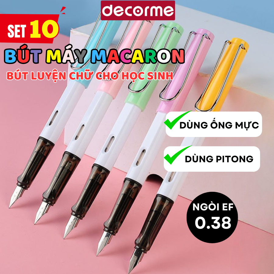 Combo 10 Bút máy Macaron vỏ pastel Decorme ngòi 0.38 có thể dùng cả mực bơm và mực ống