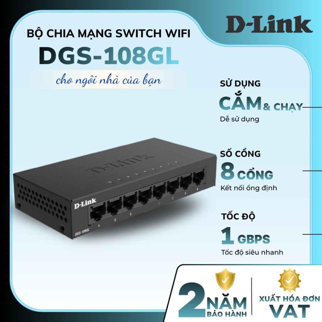 [Xả kho] Bộ chia mạng Switch D-Link DGS-108GL | 8 Cổng Gigabit, Tốc Độ Cao, Dễ cài, Tiết Kiệm Điện