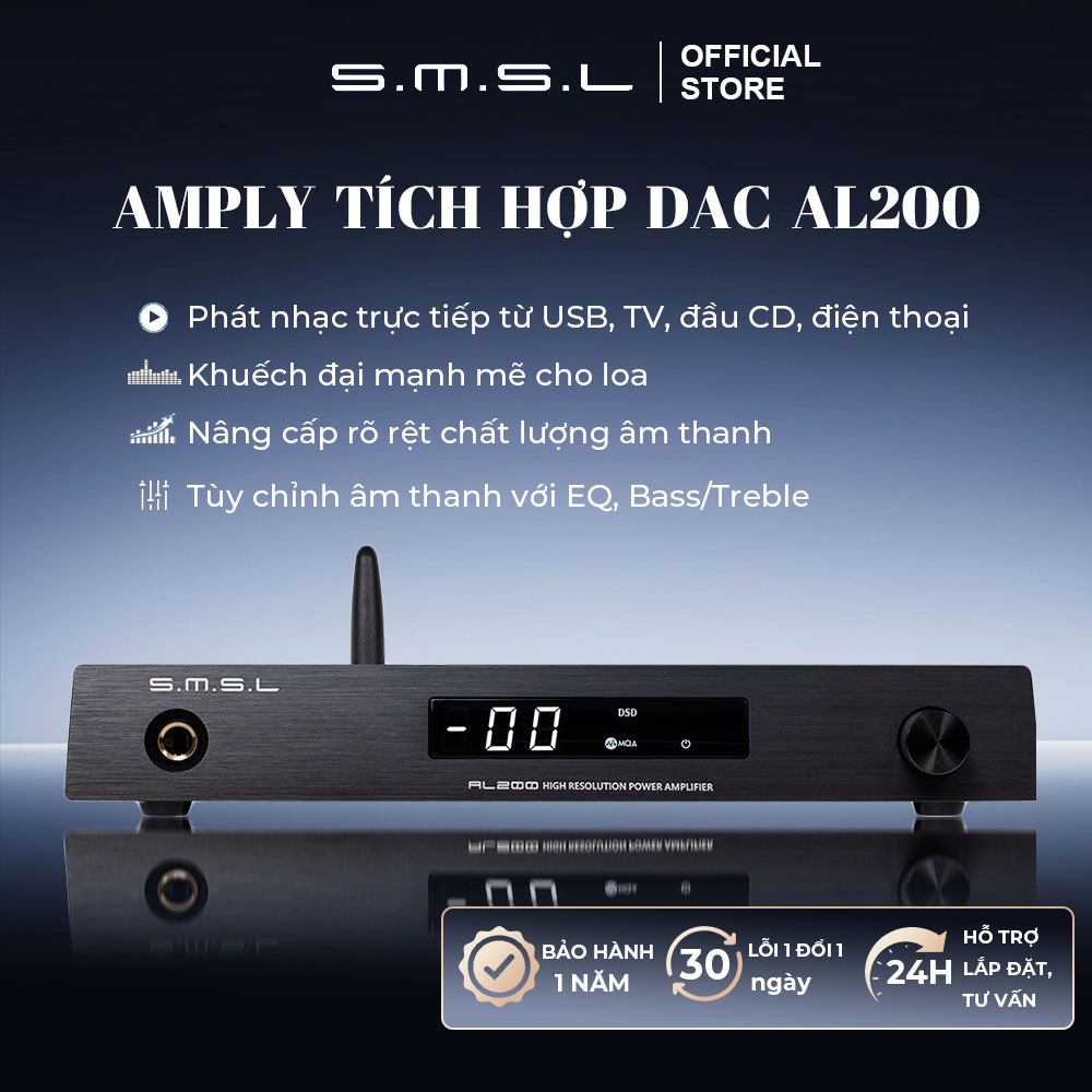 Amply Tích Hợp DAC SMSL AL200, Giải Mã Hi-Res, Công Suất 165W, Dành Cho Loa Bookshelf
