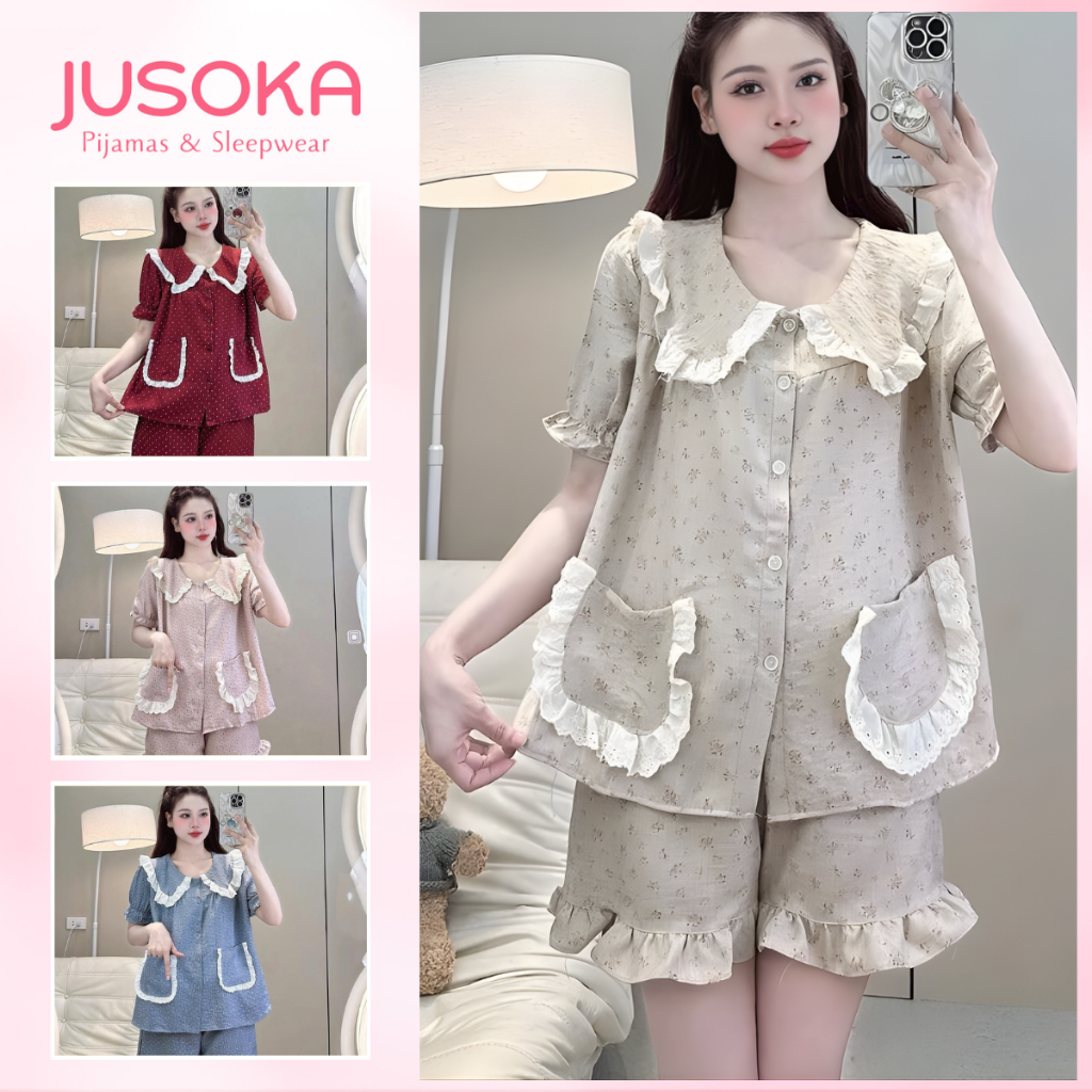 Bộ Ngủ Mặc Nhà JUSOKA Cổ Sen Ren Trắng Chất Đũi Vân Mây Siêu Xinh DU06 Dễ Thương Dành Cho Nữ
