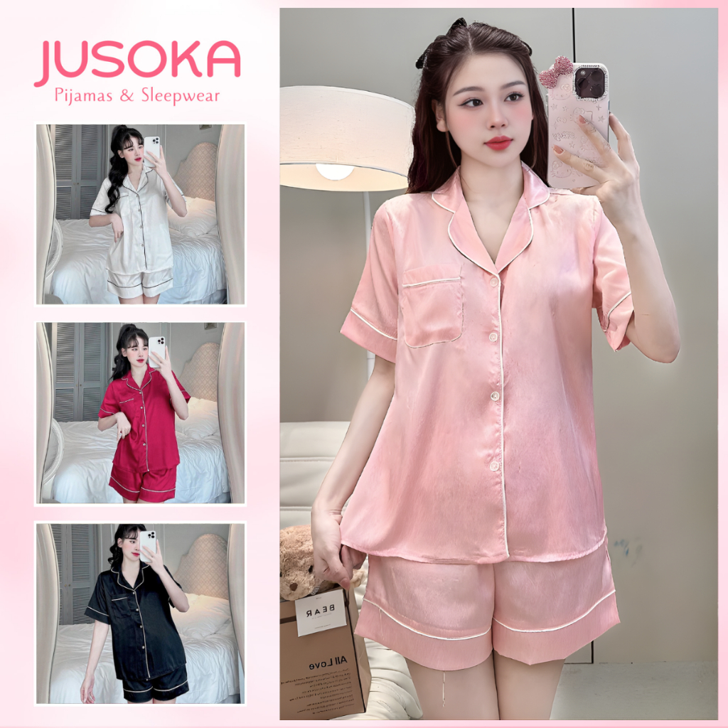 Đồ bộ nữ pijama JUSOKA lụa gấm xước ánh kim áo cộc quần đùi mặc nhà dễ thương CC126