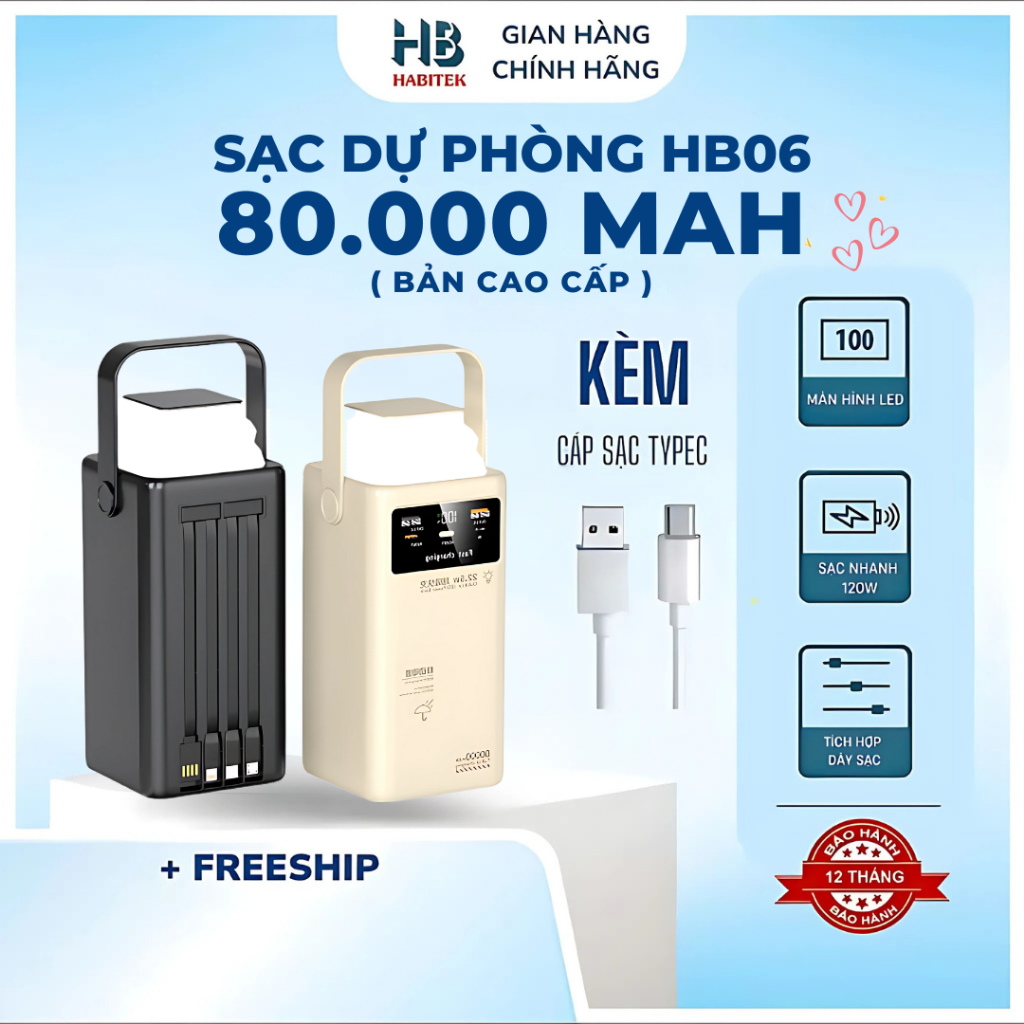 [k đặt được nhắn sốp] Pin Sạc Dự Phòng 50000mah 80.000mah Habitek HB06,Sạc nhanh 120W/22,5W Tích Hợp