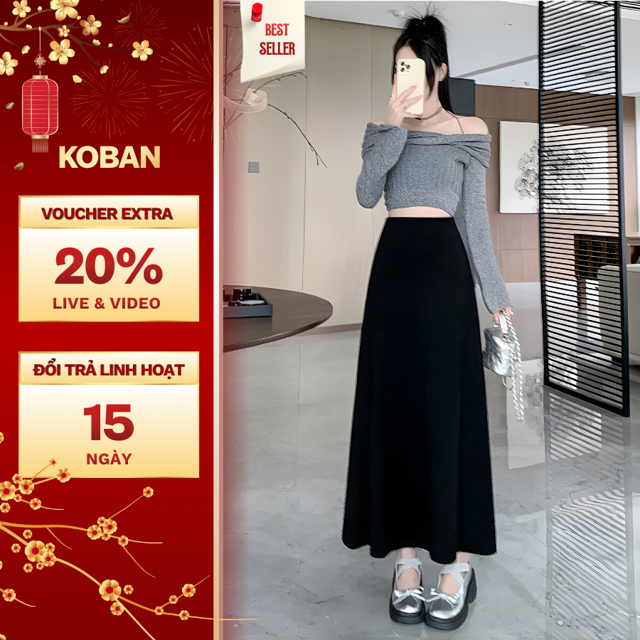 [KA10 CẠP KHÓA] Chân váy đen dài KOBAN phong cách Hàn Quốc màu đen, váy xuông chất umi co giãn