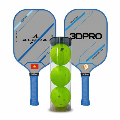 Combo vợt và bóng pickleball 3DPRO ALPHA điểm ngọt rộng ít rúc lưới ít ra ngoài ít văng cao