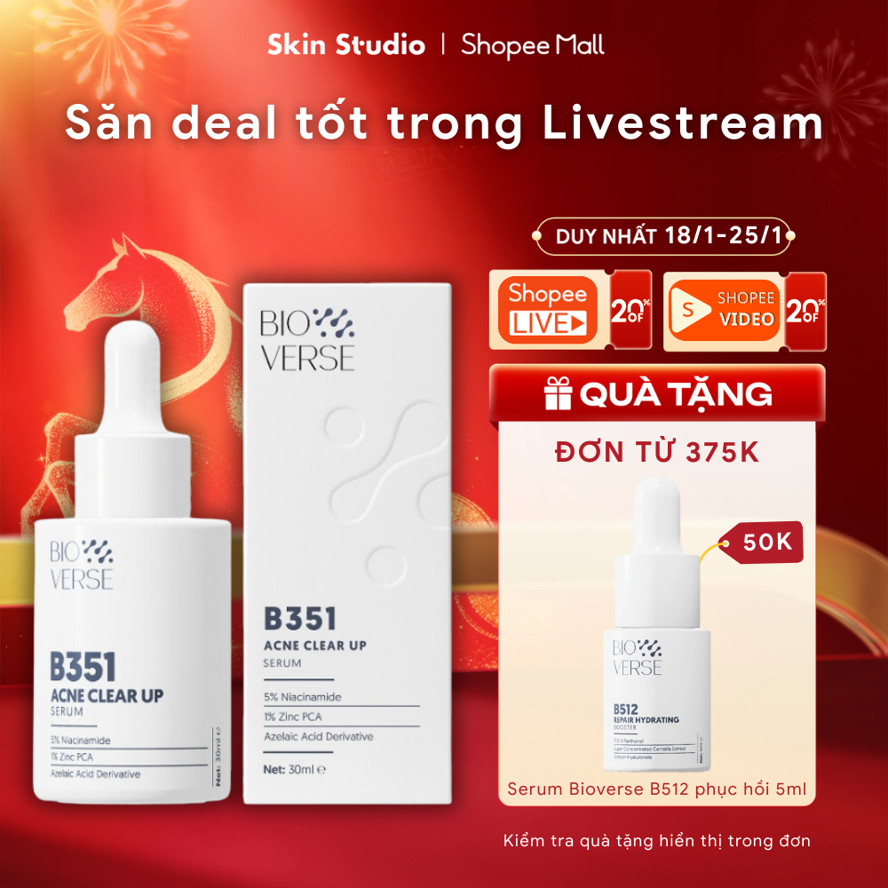 Tinh Chất Niacinamide 5% + Zinc 1% Hỗ Trợ Mụn Bioverse B351 Acne Clear Up Serum 30ml - Skin Studio