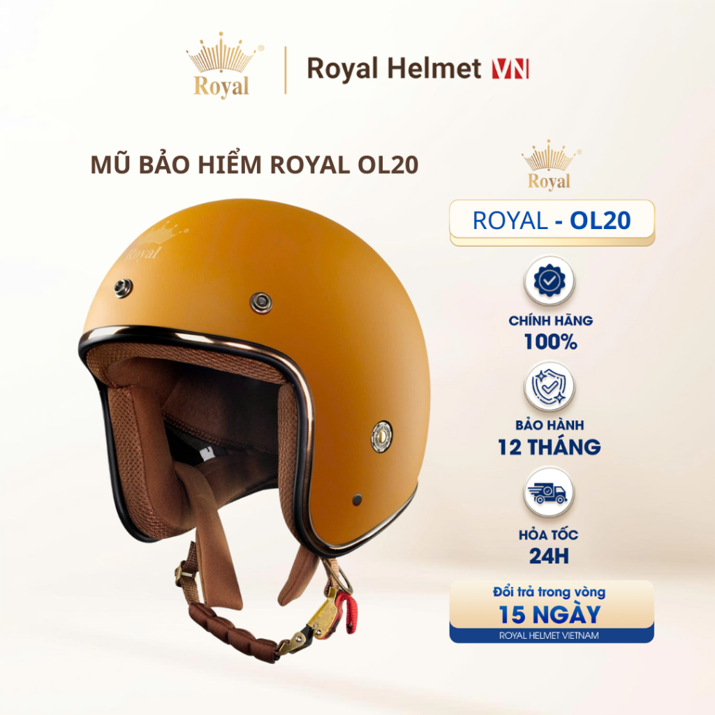 [VÀNG MỜ] Mũ Bảo Hiểm 3/4 Đầu Royal Helmet OL20 Không Kính Chính Hãng và Đa Dạng Màu Sắc | Royal Hel