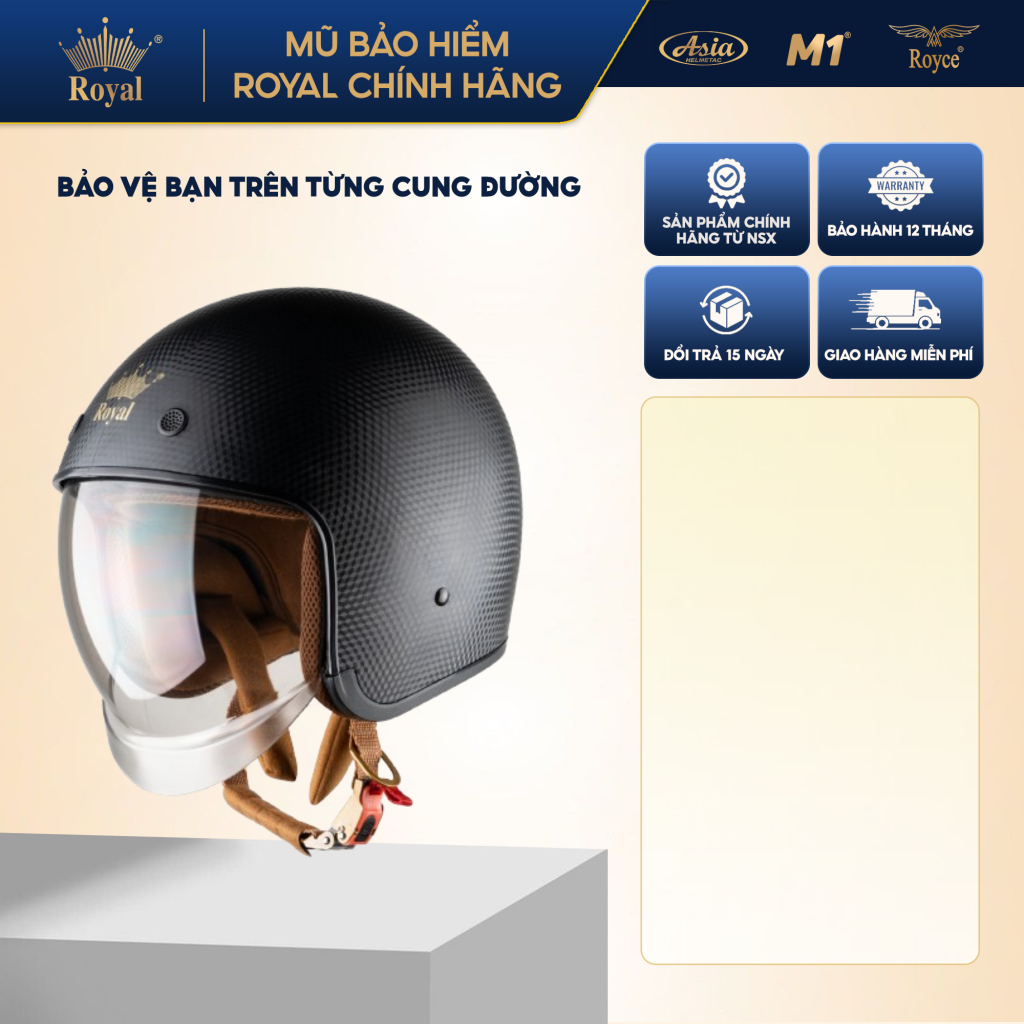 Mũ bảo hiểm 3/4 Royal M139 kính âm vân carbon chính hãng size M L XL, bảo hành 12 tháng