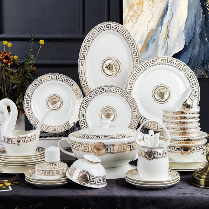 Bộ Bát Đĩa Sứ Xương Cao Cấp 68 Chi Tiết Cho 10 Người Ăn, Chén Đĩa Sang Trọng Màu Vàng Cao Cấp