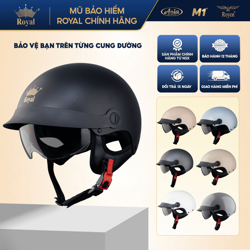 Mũ Bảo Hiểm Nửa Đầu Royal M163 Lưỡi Trai Nam Nữ An Toàn Đi Xe Máy, Phiên Bản Nâng Cấp Từ Royal M579