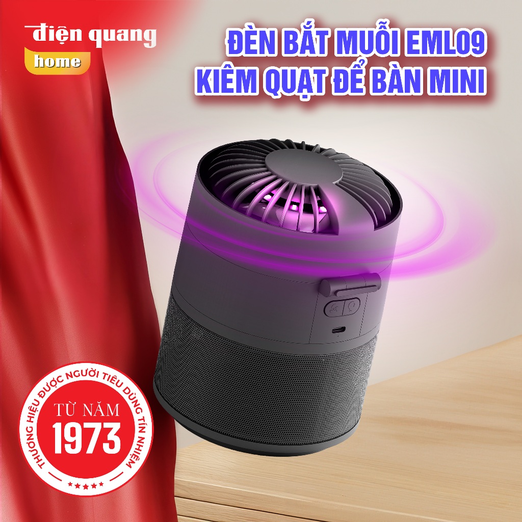 [HỎA TỐC] Quạt bàn mini kiêm Đèn bắt muỗi Điện Quang EML09 bắt muỗi bằng quạt hút, không gây tiếng ồ