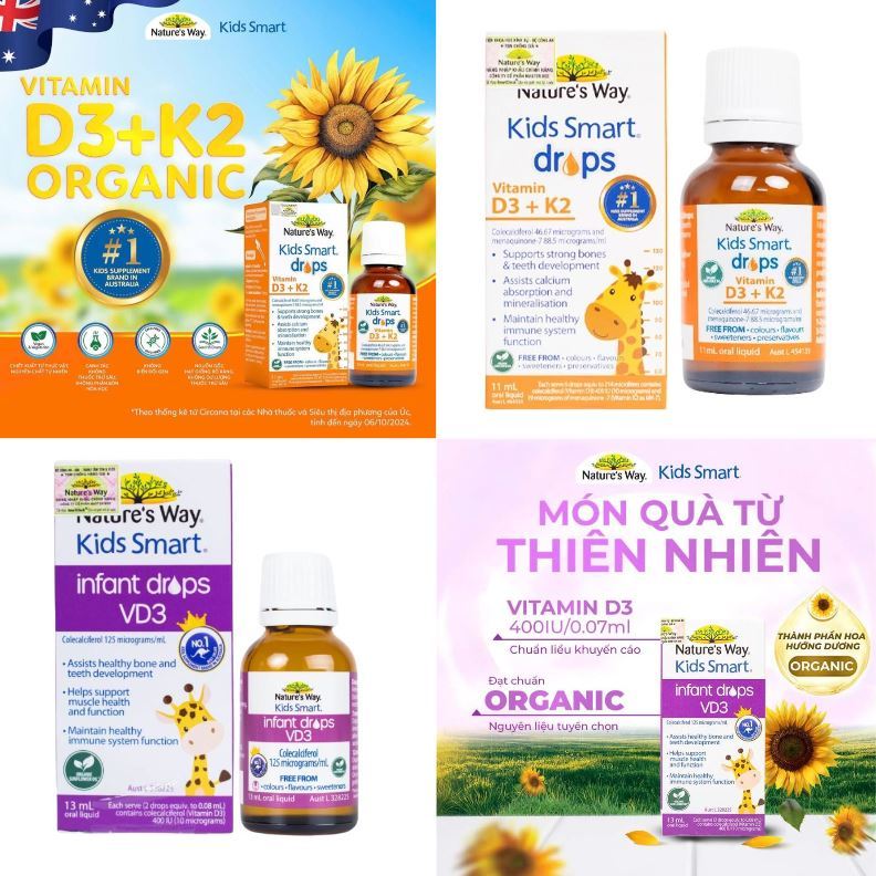 Vitamin D3K2 , D3 Thuần infant drops organic Kids Smart Nature’s Way Cho Trẻ Sơ Sinh