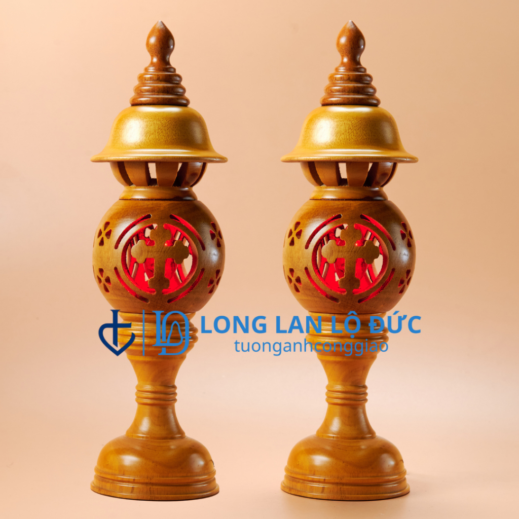 [Mua Theo Cặp] Đèn Gỗ LTG Công Giáo Chạm Thánh Giá, Đèn Thờ Gỗ Tự Nhiên Bàn Thờ Chúa, Bán Theo Cặp N