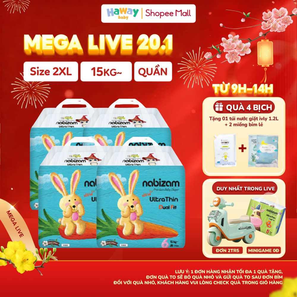 Combo 4 Tã Bỉm Quần Nabizam Ultra Thin 2XL22 Chính Hãng Hàn Quốc, 15-20kg, 22 Miếng Thấm Hút Vượt Tr