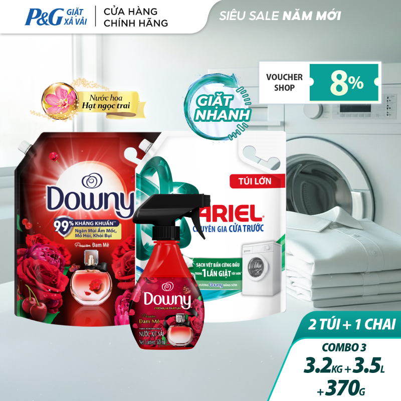 Combo 3 Nước Giặt ARIEL Downy Nắng Sớm 3.2KG, Nước Xả Vải DOWNY Đam Mê 3.5L & Xịt Vải DOWNY Đam Mê 3