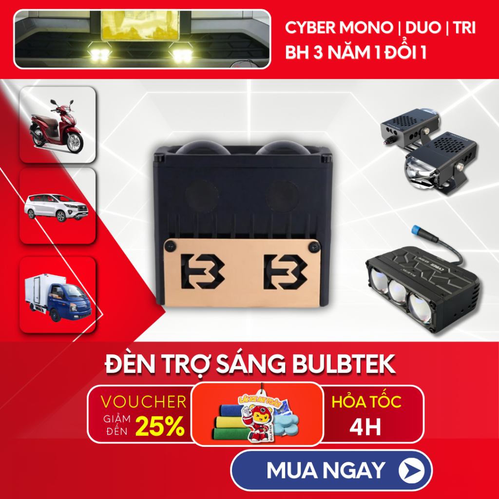 Đèn Trợ Sáng Bi Cầu Xe Máy Ô Tô Bulbtek Bi Led CYBER Mono/Duo/Tri Công Suất 95W Max Xuyên Sương Mưa