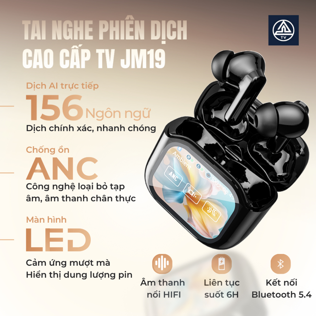 Tai Nghe Phiên Dịch Cao Cấp 156 Ngôn ngữ TV JM19 Chống ồn ANC, Chống nước IPX5, Âm thanh rất hay, Màn hình cảm ứng LED
