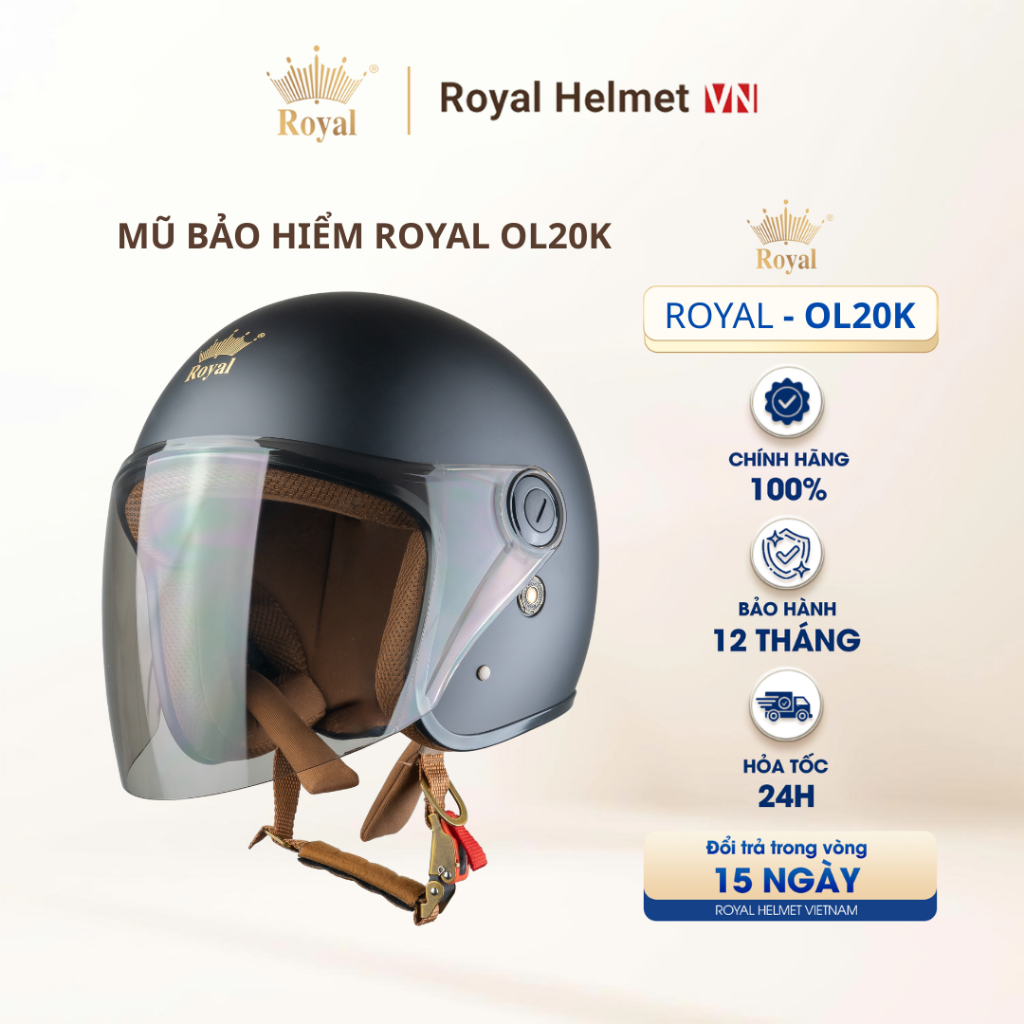 [ĐEN MỜ] Nón Bảo Hiểm Royal 3/4 Đầu OL20K Có Kính Chính Hãng Gọn Nhẹ Hạn Chế Chói , Tia UV | Royal H