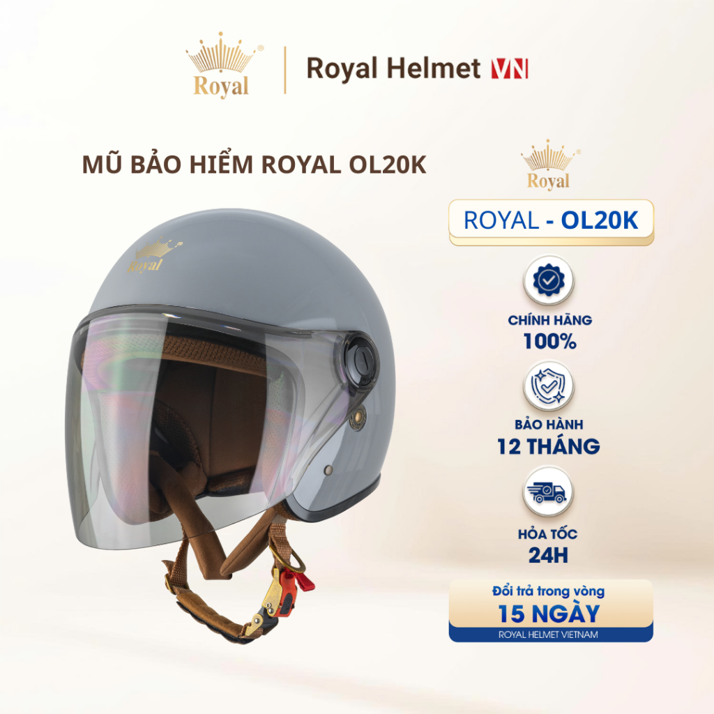 [XÁM XI MĂNG] Nón Bảo Hiểm Royal 3/4 Đầu OL20K Có Kính Chính Hãng Gọn Nhẹ Hạn Chế Chói, UV | Royal H