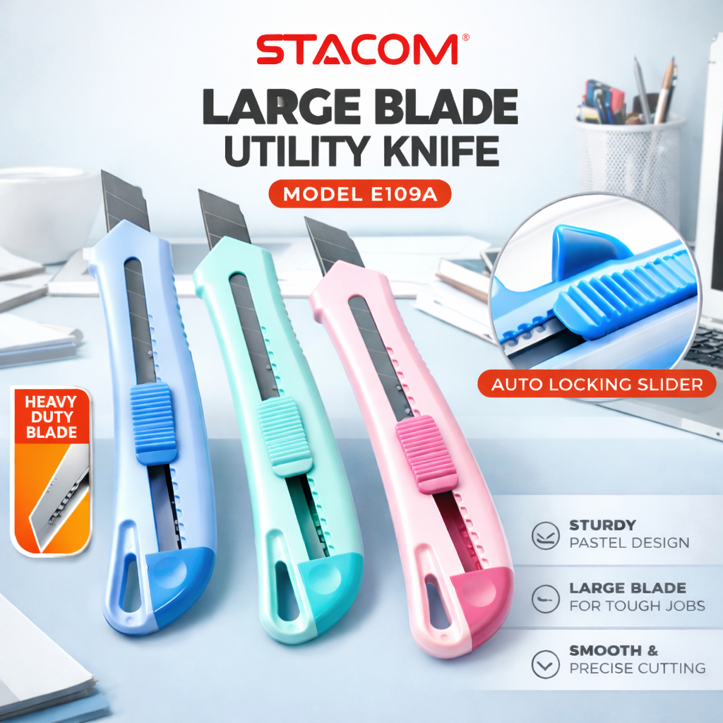 [Trợ giá] Dao rọc giấy lớn, lưỡi KT 18*100mm, SK5 siêu bén và bền, thân nhựa màu Pastel | Stacom E109A