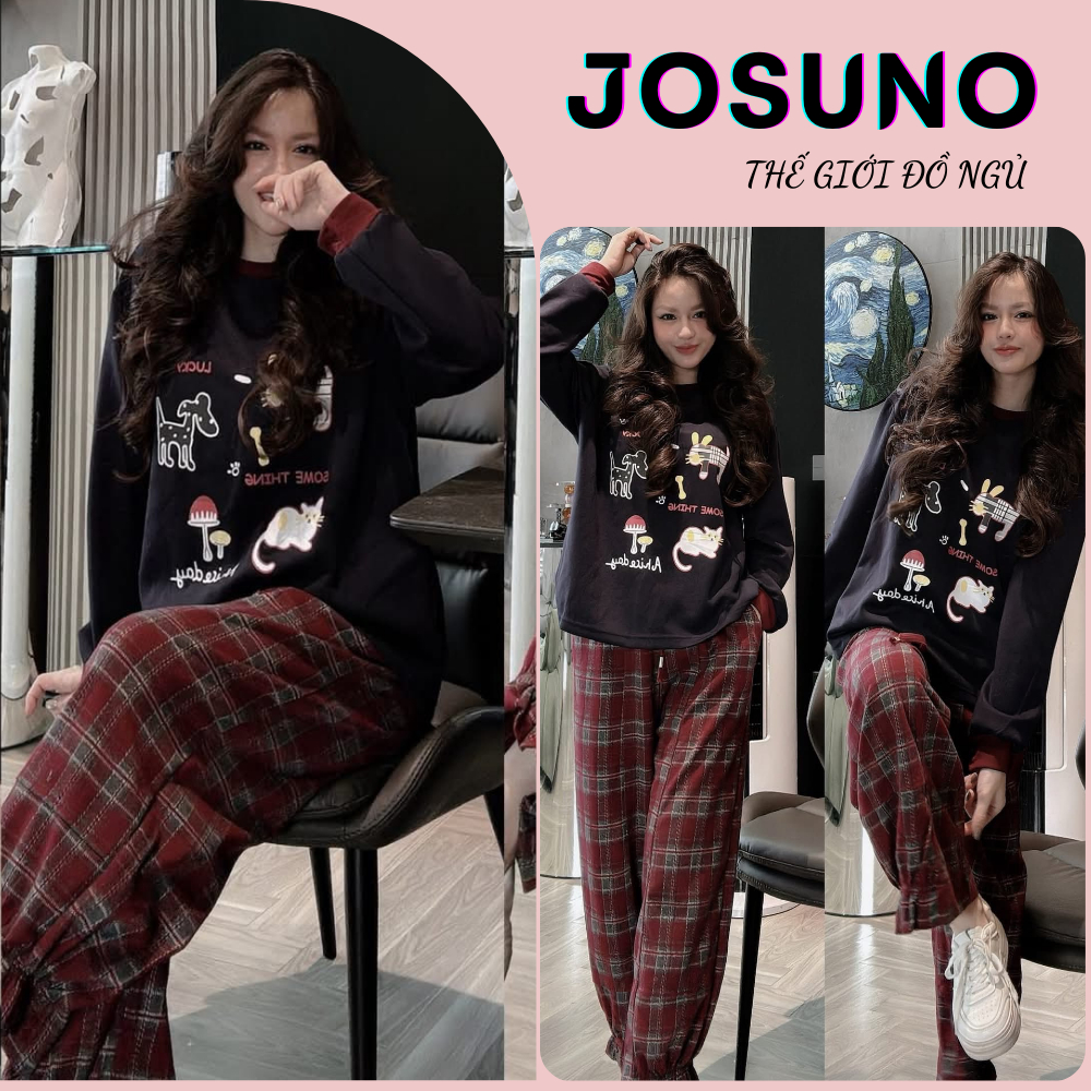 Set đồ ngủ nữ áo tay dài hình thú cute phối quần dài caro, pijama nữ form rộng thoải mái HCOM26926