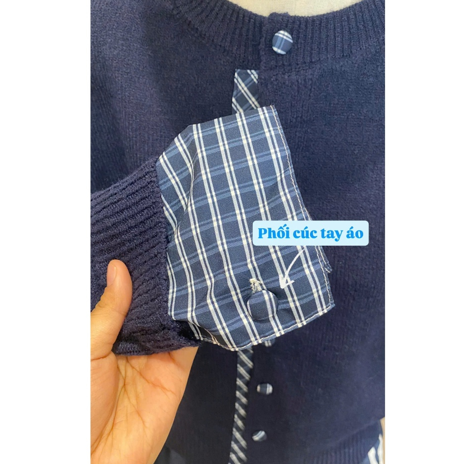 [ẢNH THẬT] Áo cardigan dáng ngắn YUMMY phối tay kẻ , Cardigan cổ tròn dệt kim xanh Navy AL46 | BigBuy360 - bigbuy360.vn