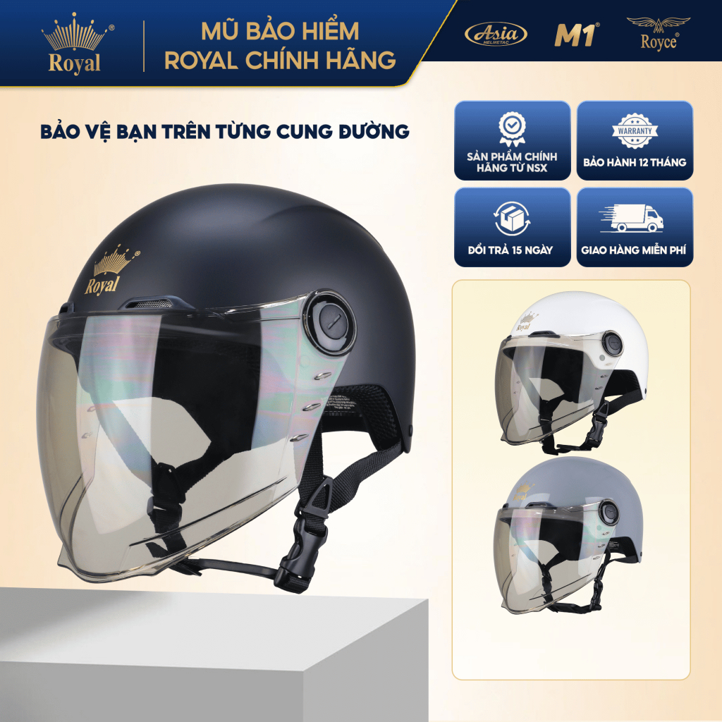 Mũ bảo hiểm xe máy nửa đầu Royal M555 có kính, nón freesize cho nam và nữ đi xe máy