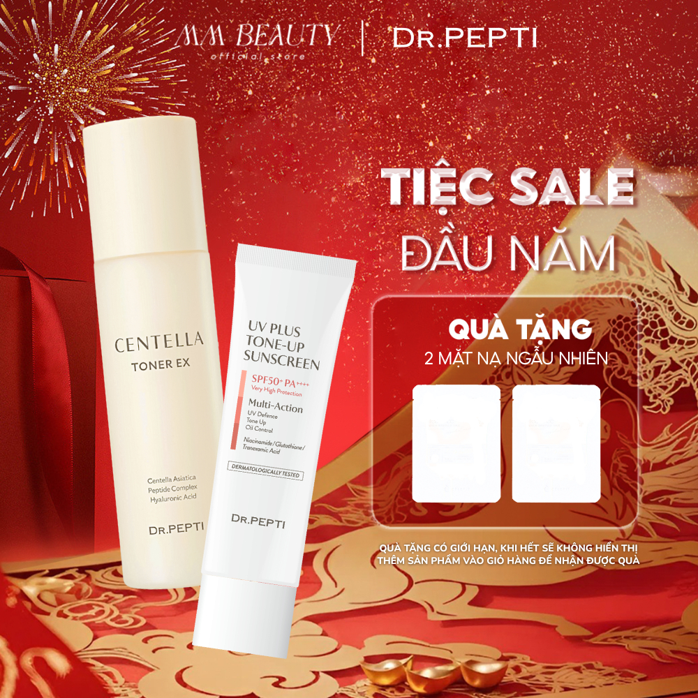 COMBO Nước Hoa Hồng Dr.Pepti Centella Toner EX 180ml + Kem Chống Nắng Dr.Pepti UV Plus Tone-Up Sunsc