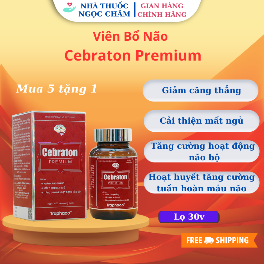 Viên Bổ Não Cebraton Premium - hỗ trợ giảm căng thẳng, mệt mỏi, mất ngủ - Lọ 30 viên