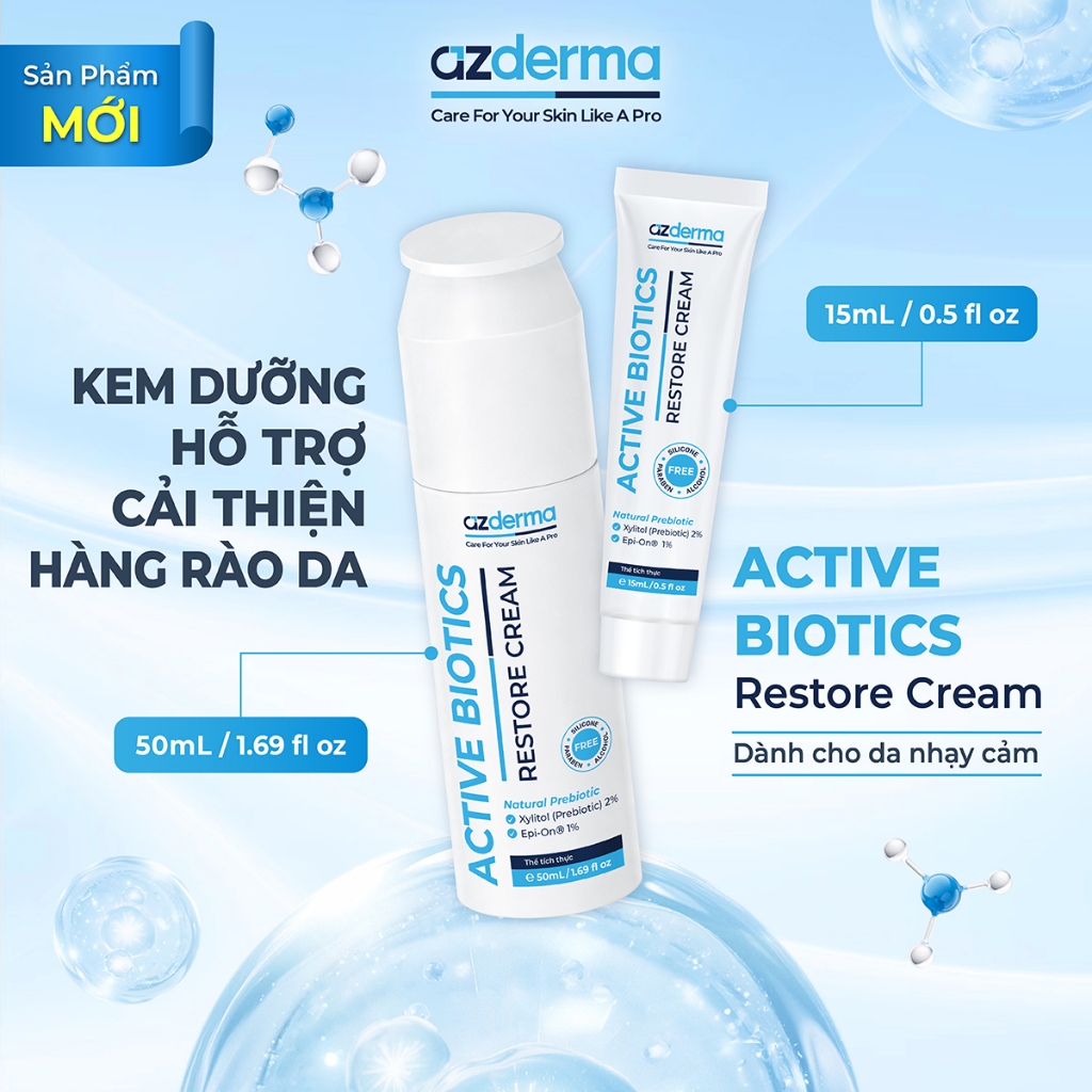 Kem dưỡng Azderma Active Biotics Restore Cream giúp cải thiện đa tầng hàng rào da nhạy cảm 15ml,50ml
