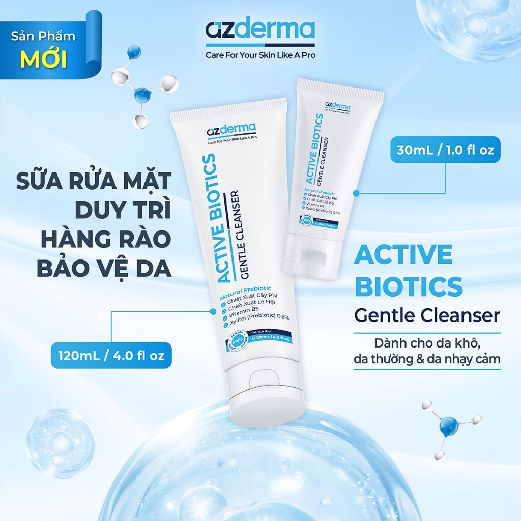 Sữa rửa mặt Azderma Active Biotics Gentle Cleanser dành cho da khô, da thường và da nhạy cảm duy trì