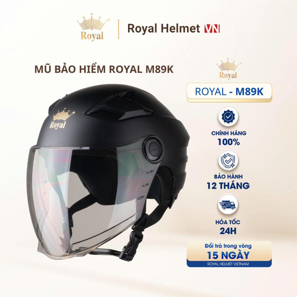 [ĐEN MỜ] Nón Bảo Hiểm 1/2 Có Kính Royal M89K Phiên Bản Kính Dài Che Phủ Tối Ưu Có Lỗ Thông Gió