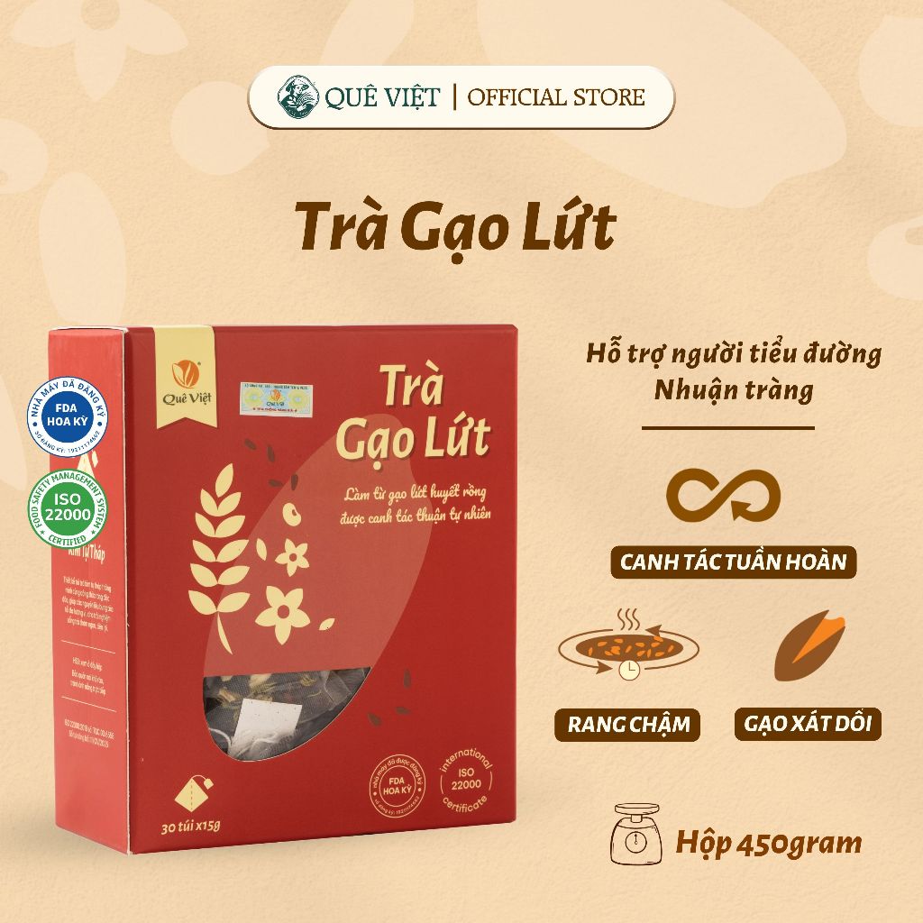 Trà gạo lứt Quê Việt thanh lọc gan, giải độc cơ thể nguyên liệu tự nhiên hộp [150g, 450g, 600g]