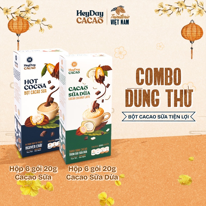 Combo 2 Bột Cacao Sữa và Bột Cacao Sữa Dừa Heyday - Hộp 6 Gói tiện lợi 20g - Đậm vị chân thật từ cac