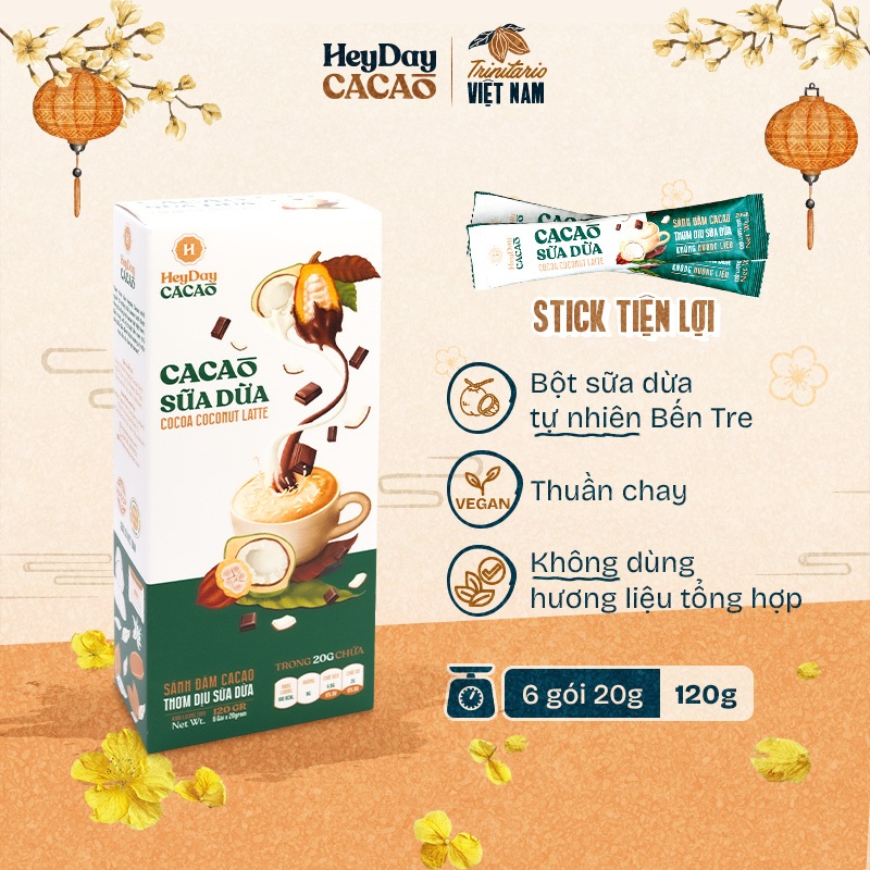 Bột Cacao Sữa Dừa Heyday - Bột cacao sữa dừa tự nhiên, thuần chay - Hộp 6 gói tiện lợi 20g - Tổng 12