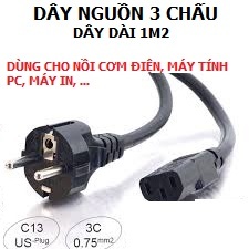 Dây nguồn, phích cắm 3 chấu dùng cho nồi cơm điện, máy in, máy tính, nồi lẩu dây dài 1m5