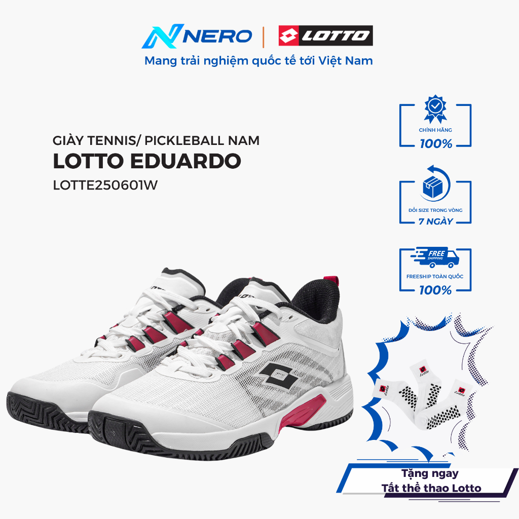 Giày tennis pickleball nam Lotto EDUARDO LOTTE250601W siêu nhẹ êm chân thoáng khí bám sân tốt size 3