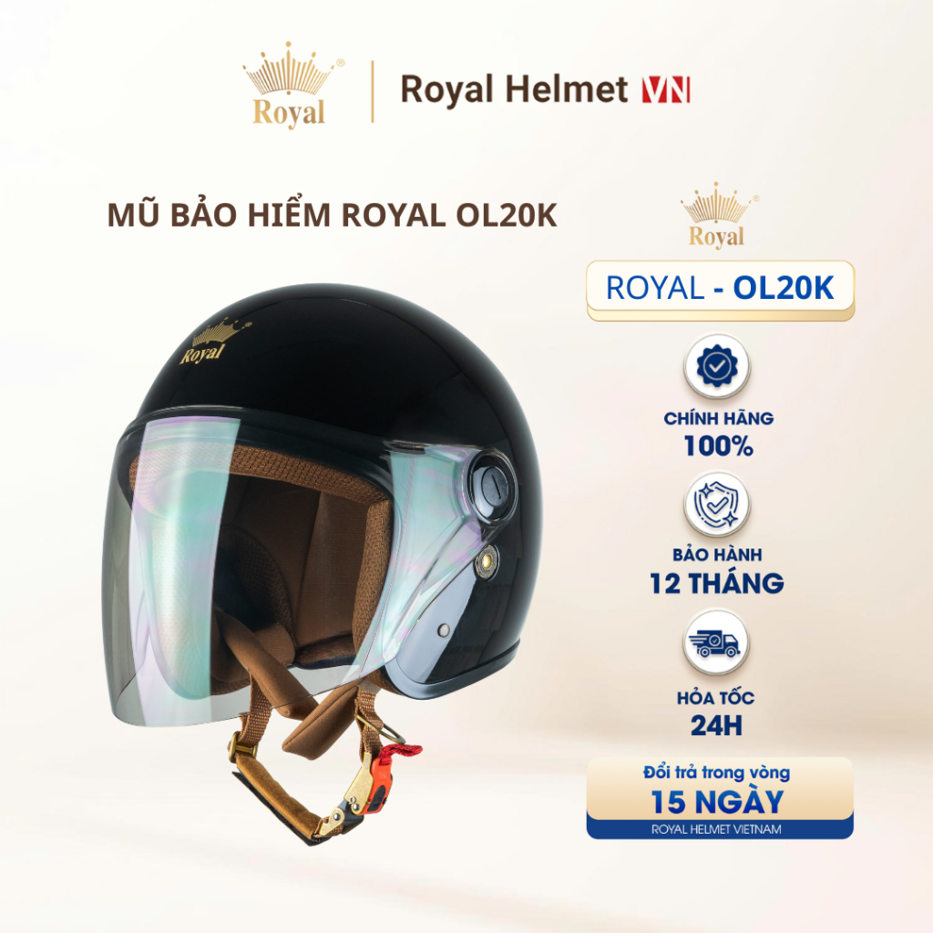 [ĐEN BÓNG] Nón Bảo Hiểm Royal 3/4 Đầu OL20K Có Kính Chính Hãng Gọn Nhẹ Hạn Chế Chói , Tia UV | Royal