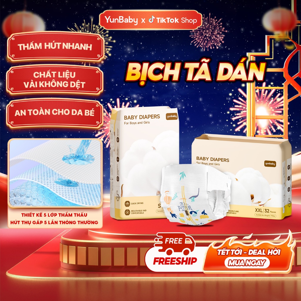 Tã bỉm quần/dán Yunbaby, mềm mỏng, khô thoáng, ngừa hăm, thấm hút 800ml, chống tràn hiệu quả
