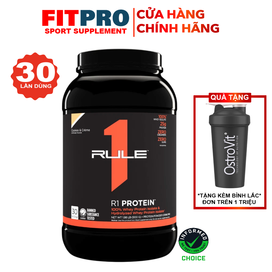 Sữa Tăng Cơ Rule 1 Whey Protein Isolate & Hydrolyzed 2LBS (30 SER) Bổ Sung Đạm Phục Hồi Phát Triển C