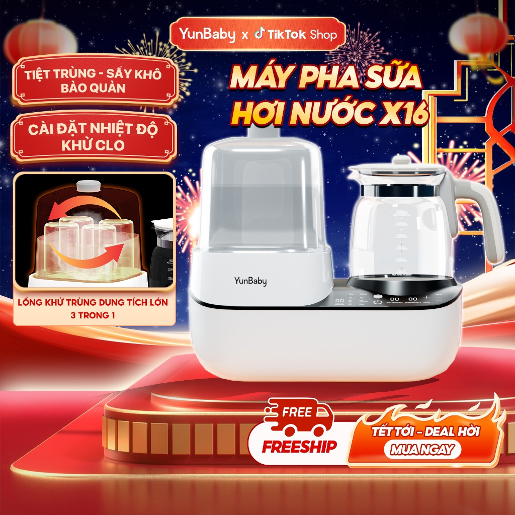 Máy tiệt trùng hơi nước kết hợp đun hâm nước pha sữa X16 Yunbaby đa năng 9 trong 1, khoang chứa 4-6 