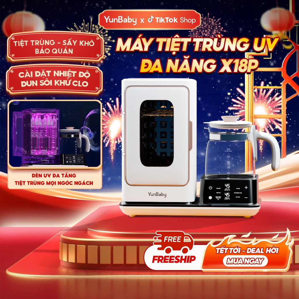 Máy đun hâm tiệt trùng sấy khô UVC X18P Yunbaby tích hợp đa chức năng, khoang chứa 4-6 bình, Bảo hàn